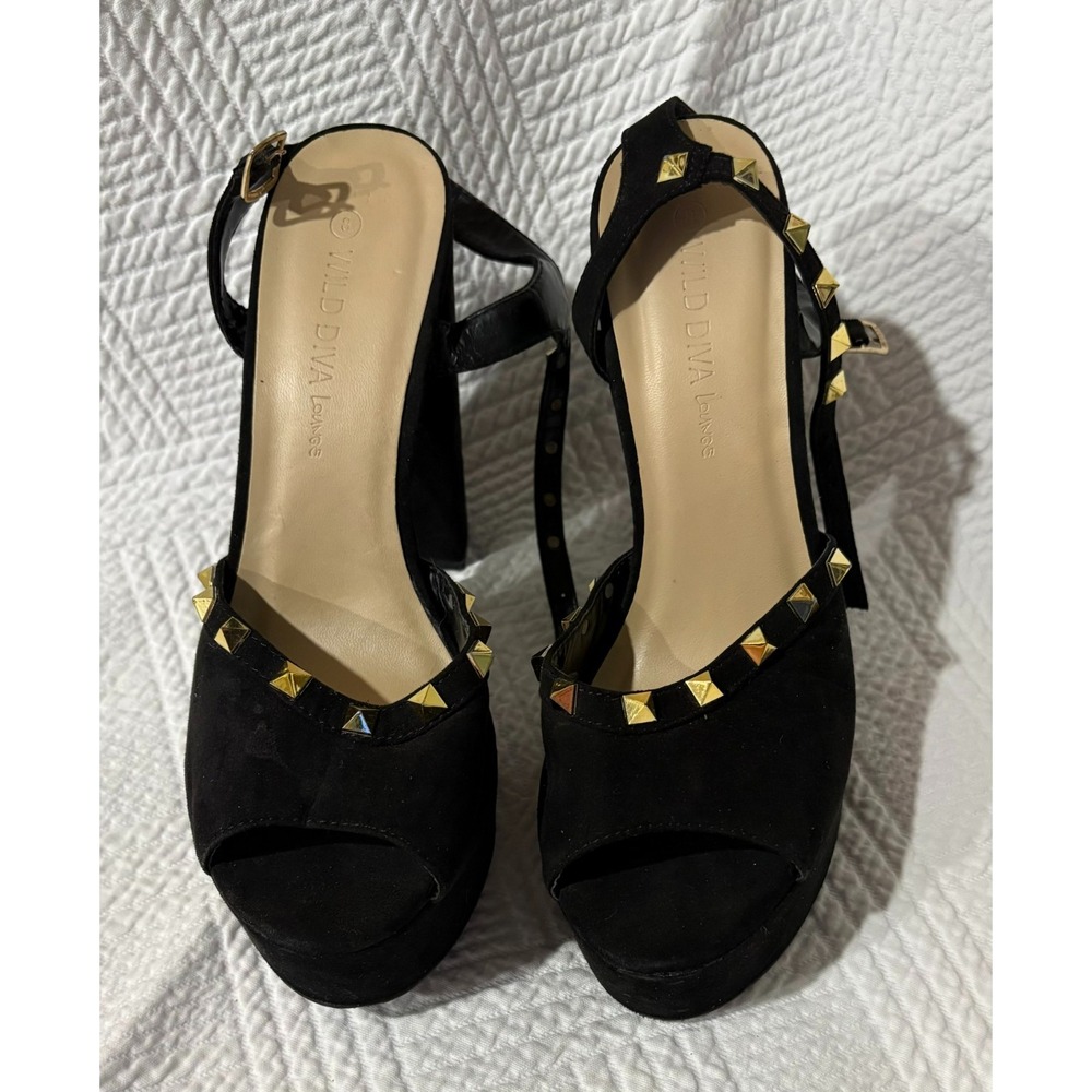 Wild Diva Lounge Women's Black Peep Toe Platform Heels Size 8 Gold Studs Strap